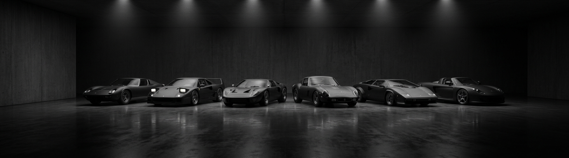 Collezione di supercar classiche iconiche — Miura, F40, GT40, Countach, Ferrari 250 GT — in showroom elegante dai toni scuri